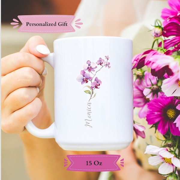 Personalized Floral Mug, Phalaenopsis Schilleriana Orchid Flower Mug, Orchid Plant Mug, Orchid Plant Mug, Mom Christmas Gift for her