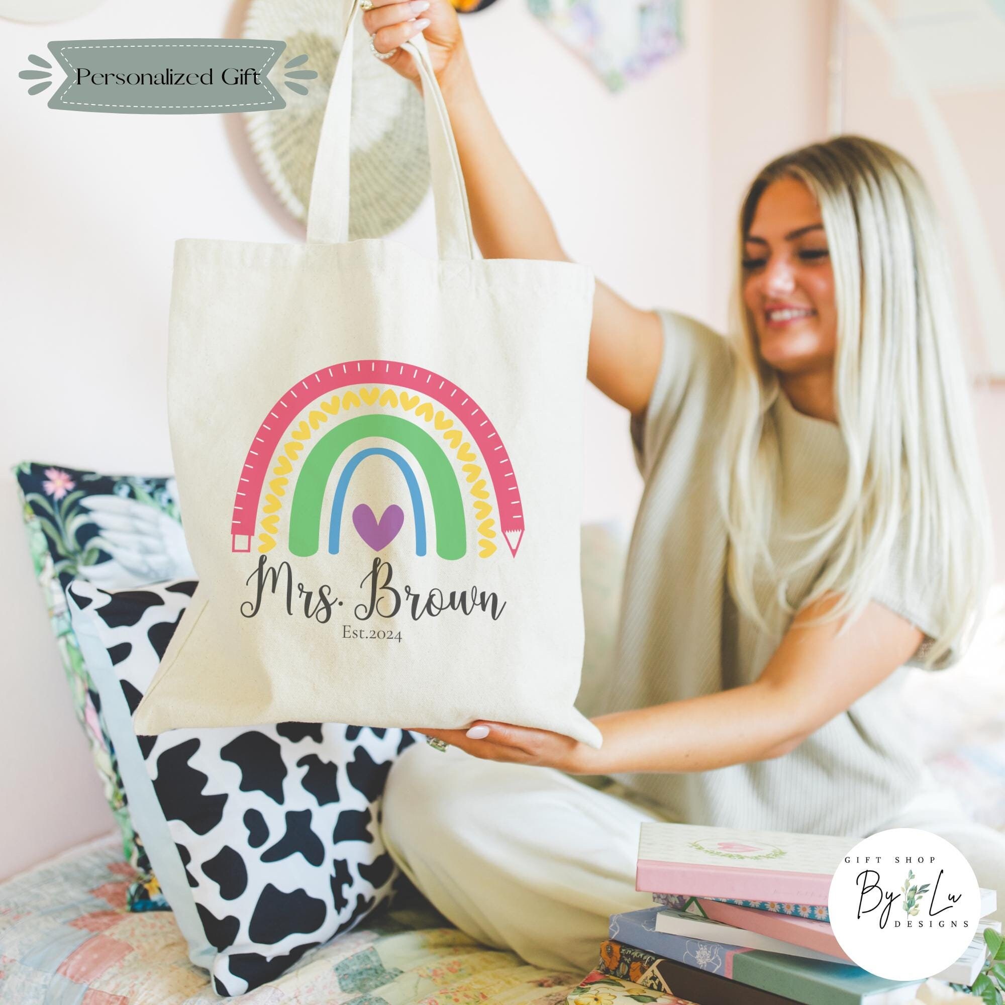 Personalized Teacher Tote Bag, Custom Rainbow Teacher Tote Bag, Back to ...