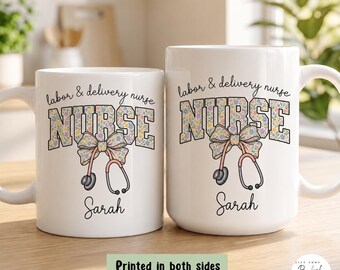 Personalized Nurse Mug Gift, Custom Name Nurse Coffee Cup, Stethoscope Medical Design, Gift for Nurse Her, Labor and Delivery Mug