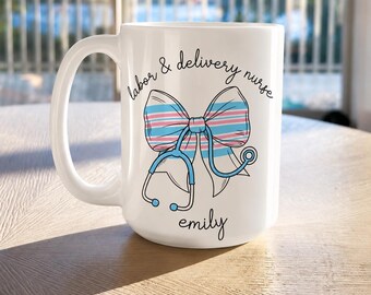 Personalized Nurse Mug Gift, Custom Name Nurse Coffee Cup, Stethoscope Medical Design, Gift for Nurse Her, Labor and Delivery Mug