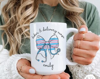 Personalized Nurse Mug Gift, Custom Name Nurse Coffee Cup, Stethoscope Medical Design, Gift for Nurse Her, Labor and Delivery Mug
