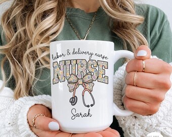 Personalized Nurse Mug Gift, Custom Name Nurse Coffee Cup, Stethoscope Medical Design, Gift for Nurse Her, Labor and Delivery Mug