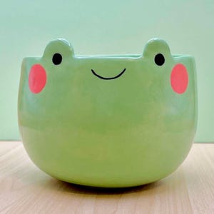 May include: A light green ceramic frog-shaped planter with a smiling face, black eyes, and pink cheeks. The planter has a rounded body and two small, raised features on top, resembling frog eyes. The background is a solid light green.