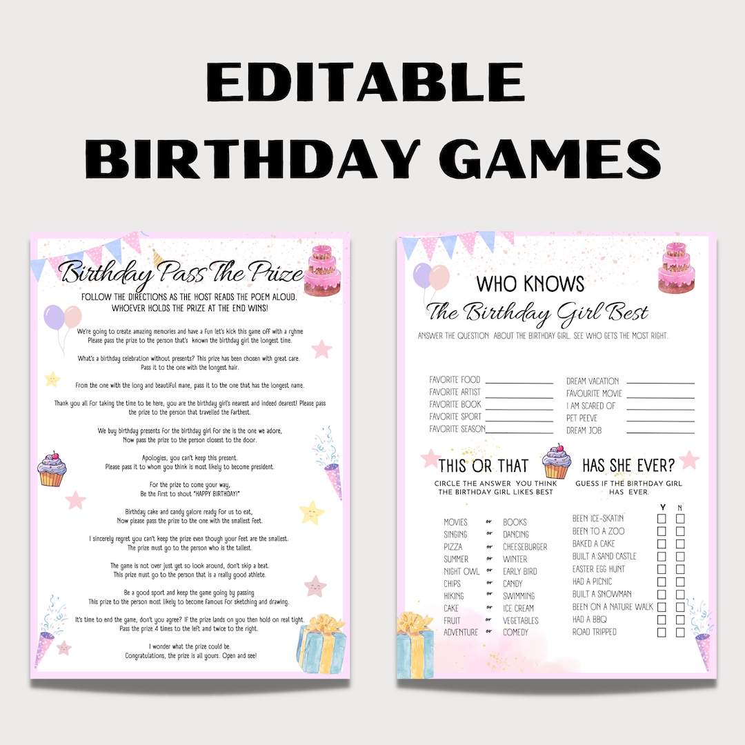 Editable Teen Tween Girls Birthday Party Games Pass the Prize Game, Who ...
