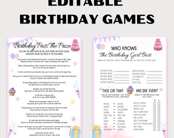 May include: Two printable pink and white birthday game cards. The first card is a "Birthday Pass the Prize" game with instructions to pass the prize around the room. The second card is a "Who Knows the Birthday Girl Best" game with questions about the birthday girl.