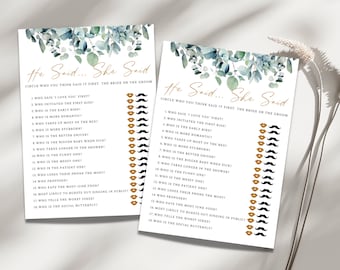 Greenery He Said She Said Game, Bridal Shower Game, Printable He Said She Said Game| Eucalyptus Bridal Shower Couple Trivia Printable Game