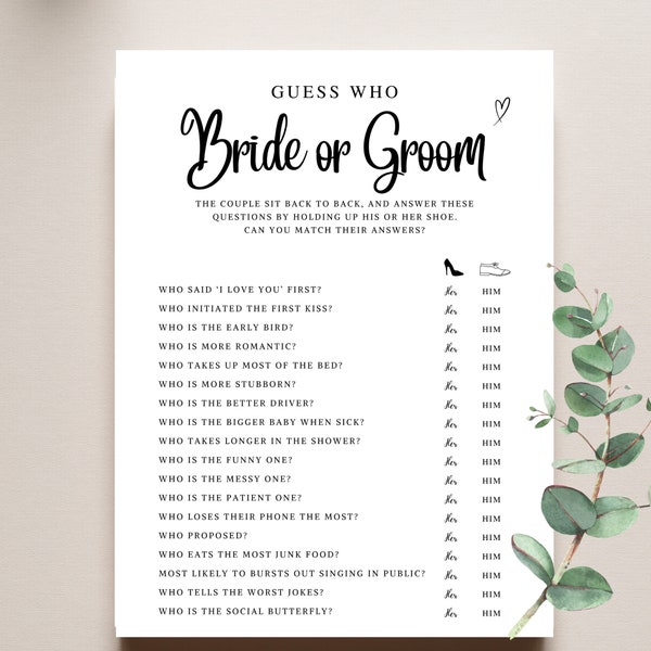 Guess Who Bride or Groom Game for Bridal Shower, Bride Or Groom Printable Engagement Party Game, Who Knows The Couple Best EDITABLE in Canva