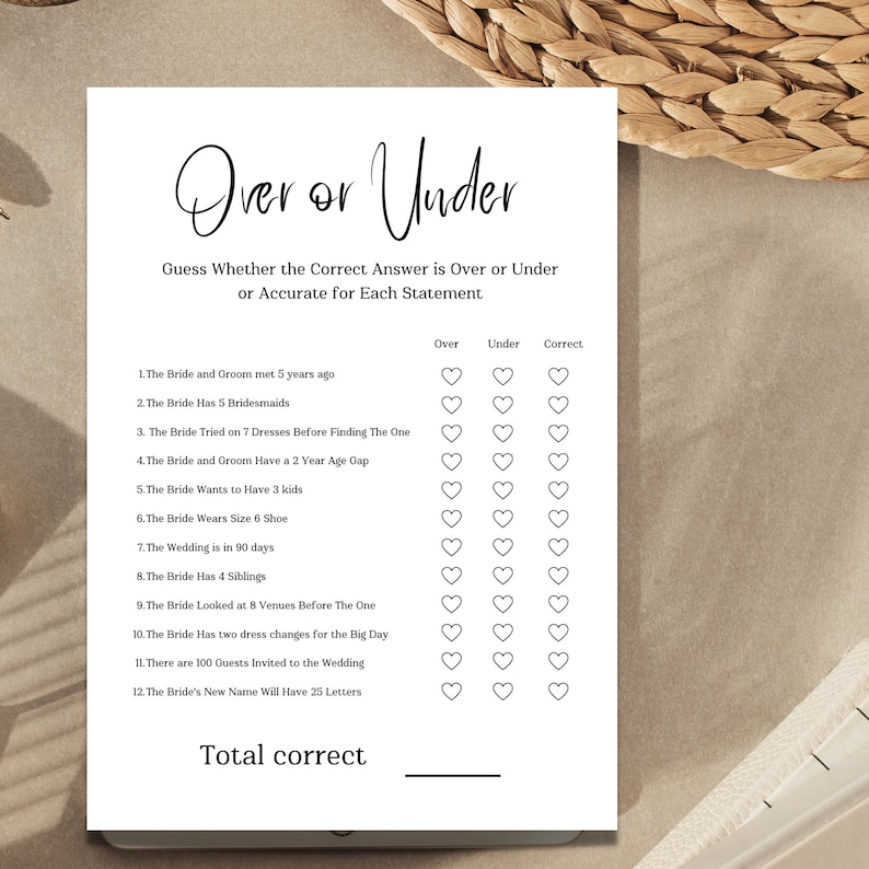 Minimalist Bridal Over or Under Game, Bridal Shower Game Card ...