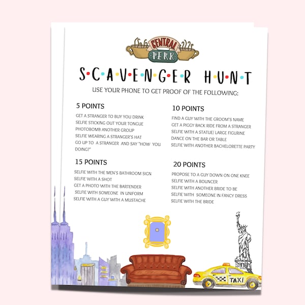 Bachelorette Scavenger Hunt Template Friends Theme Bachelorette Party Games Printable Scavenger Hunt for Hen Party Scavenger Hunt Printable