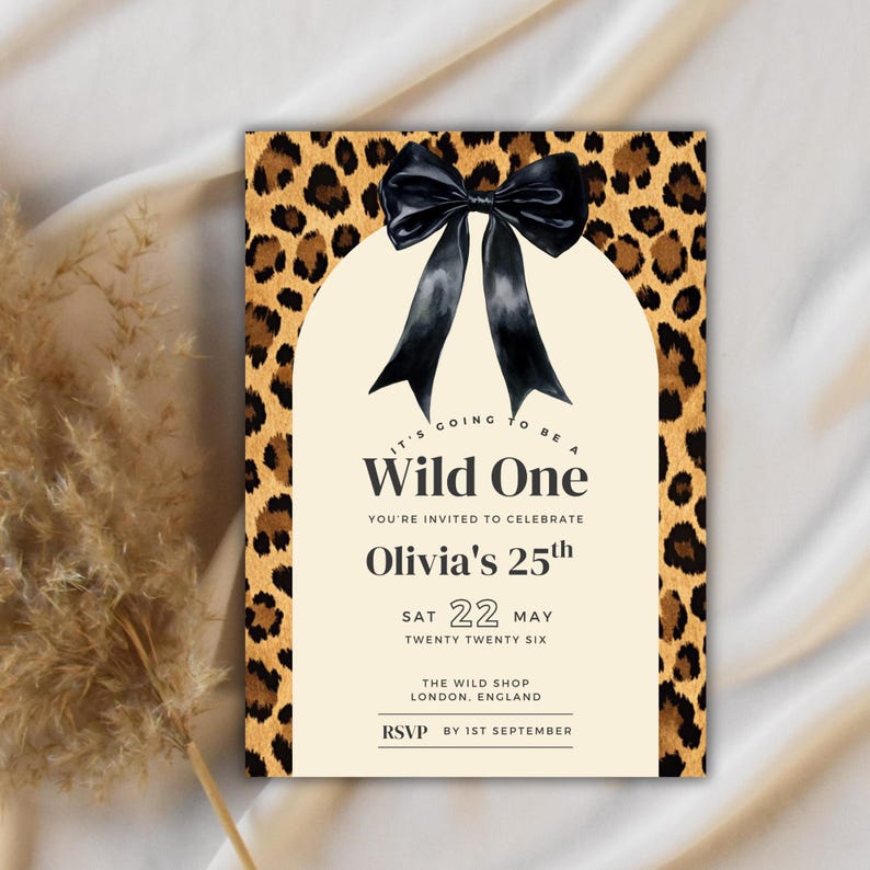 Cheetah Print Birthday Party Invitation With Black Croquette Bow for ...