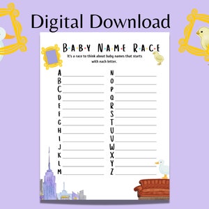 May include: A printable baby name game with a Friends theme. The game features a yellow frame with a chick inside, a yellow frame with a duck inside, and a couch with a duck on top. The game is a race to think of baby names that start with each letter of the alphabet.