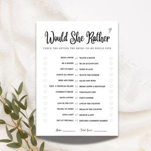 Would She Rather Card| Would She Rather Fun Bridal Shower Game | Would Bride Rather | Who Knows The Bride Best | |Editable Canva Template