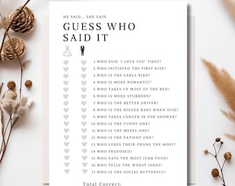Guess Who Bride or Groom Bridal Shower Game, Funny Bride Or Groom Printable Engagement Party Game, He Said She Said Game EDITABLE in Canva