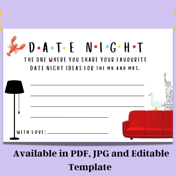 Editable Template Instant Download| Date Night advice Card, Bridal Shower Decoration Ideas, Friends TVShow Theme, Bachelorette Party, 4x6"|