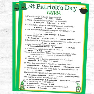 Könnte beinhalten: Ein grünes und weißes St. Patrick's Day Quizspiel mit einer Leprechaun-Illustration. Das Spiel enthält Fragen zu St. Patrick, Irland und irischen Traditionen.