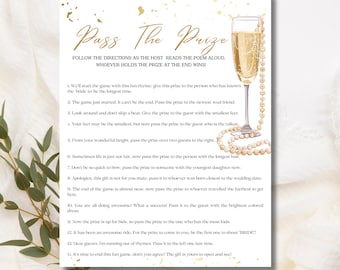 May include: A printable bridal shower game card with gold text and a watercolor illustration of a champagne flute and pearl necklace. The text reads "Pass the Prize" and includes instructions for a game where guests pass a prize around based on the host's rhyming instructions.