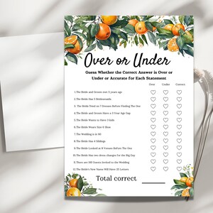 Gioco di arance nuziali sopra o sotto, giochi di addio al nubilato, carte da gioco, giochi di addio al nubilato, notte di galline, gioco del brunch, indovinare, DOWNLOAD immediato