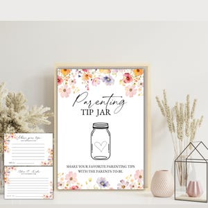 Signe de pot d'astuces parentales pour les futurs parents | Jeu de douche de bébé fleurs sauvages à imprimer | Conseils pour une baby shower | Carte Baby in bloom Shower & Sign