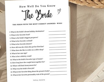 Minimalist Who knows the Bride the Most Game, Modern Bridal Shower Game, Printable How well do you know the Bride? Bridal Shower Trivia Game