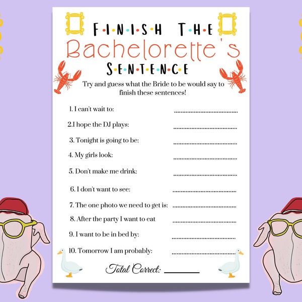 Friends TV Show Theme Finish The Phrase Game, Finish The  Bachelorette's Sentence , Friends  Bridal Shower, Funny Newlyweds Party  Game