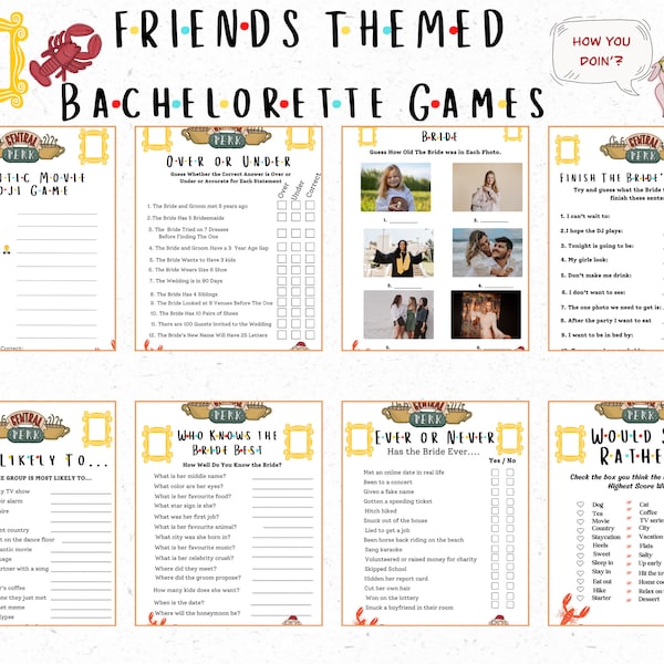 Bridal Shower Games, Friends Themed Bridal Shower Pack, Hen Party, 9  Friends Bridal Shower Games, Printable Friends Theme Bridal Shower