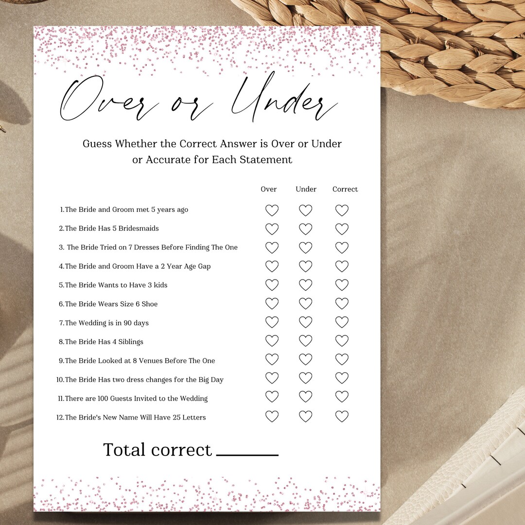 Pink Glitter Bridal Over or Under Game, Bridal Shower Game Card ...