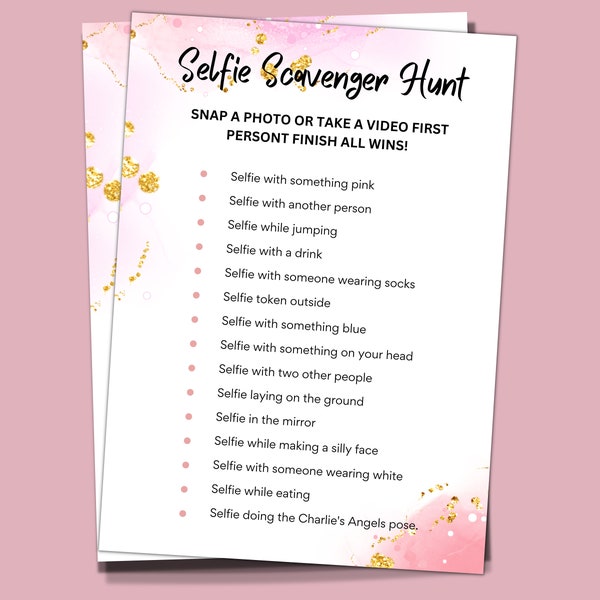 Girls Birthday Party Game, Sleepover Selfie Scavenger Hunt, Pink and Gold Slumber Party Game,  Pink Girl Birthday Party Scavenger Hunt Game