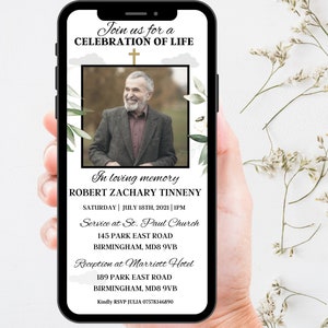 Catholic Cross Digital Photo Funeral Invitation with white floral, Greenery, Christian Cross  Electronic Memorial Invite editable template