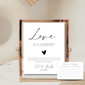 El amor es un viaje, el amor es una aventura, letrero y tarjeta de lista de deseos para bodas, libro de visitas con idea de lista de deseos minimalista, imprimible y editable en Canva
