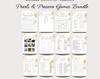 May include: A collection of bridal shower games with a champagne and pearl theme. Games include "Pass The Prize", "Guess the Dress", "Word Scramble", and "Who Knows the Bride Best". The text "Pearls & Prosecco Games Bundle" is displayed at the top of the image.