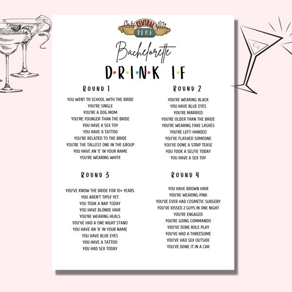 Freunde Themed Junggesellenabschied DRINK IF Trinkspiel, Brautparty-Getränk, wenn druckbares Spiel, Freunde Junggesellinnenabschied trinken, wenn druckbares Spiel