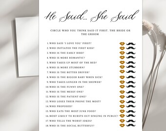 Minimalist He Said She Said Game, Bridal Shower Game, Printable He Said She Said Game Bridal Shower Couple Trivia Printable Game