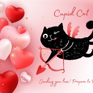 cartão dos namorados do gato cartão postal | Gato Cupido | Imprimível
