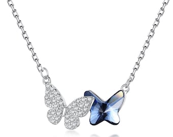 Sterling Silver Butterfly Necklace, Blue Crystal Pendant, Handmade