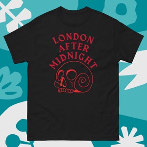 May include: Black t-shirt with a red skull graphic and the text "LONDON AFTER MIDNIGHT" in red.