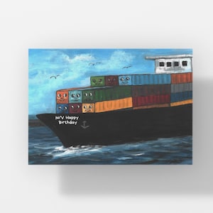 Tarjeta de cumpleaños para niños, Casey the Container and Friends, Ilustraciones del libro ilustrado de rimas para niños, Arte de barco portacontenedores