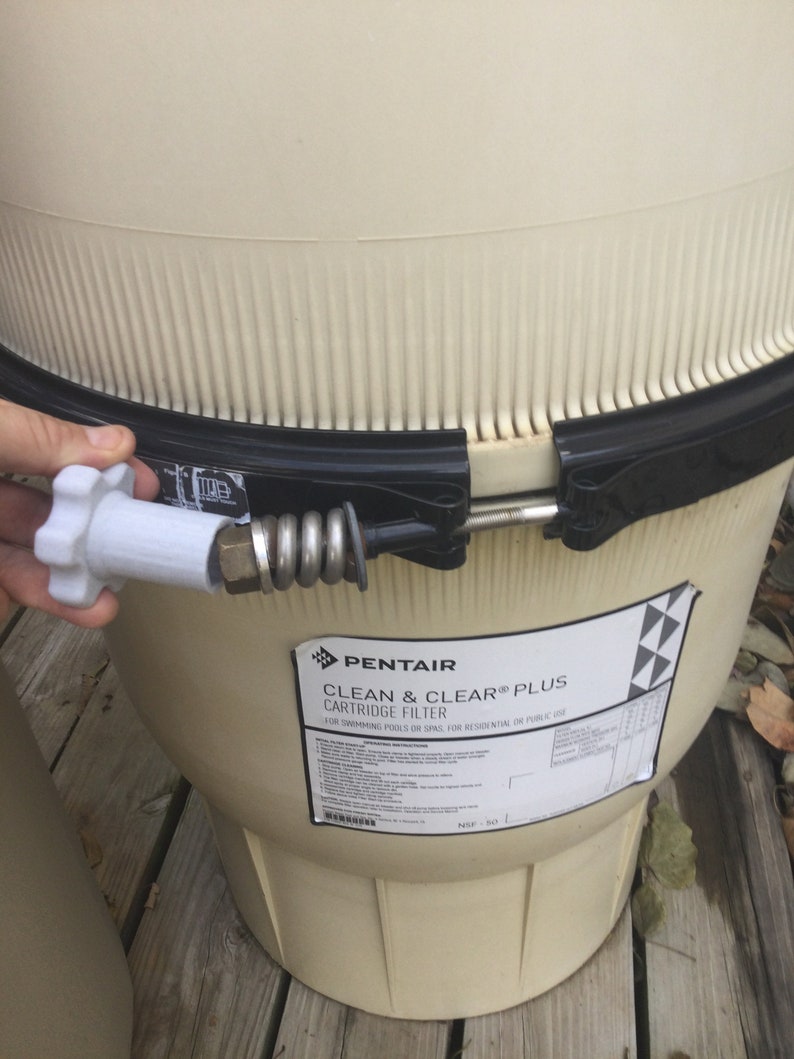 Pu&ograve; includere: Un filtro a cartuccia Pentair Clean & Clear Plus beige per piscine e spa. Il filtro ha un coperchio nero con una maniglia argentata e una valvola in plastica bianca. Il filtro &egrave; posizionato su un ponte di legno.