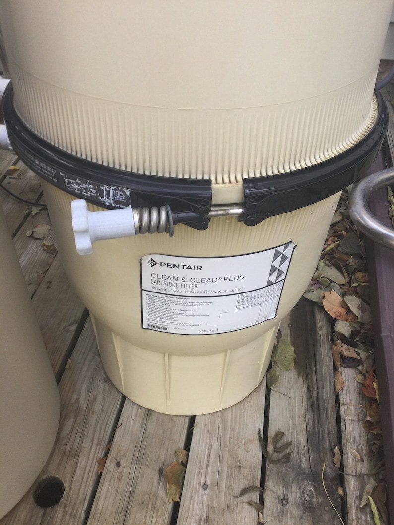Pu&ograve; includere: Un filtro a cartuccia Pentair Clean & Clear Plus beige per piscine. Il filtro ha un coperchio nero e una maniglia bianca. Il filtro &egrave; posizionato su un ponte di legno.