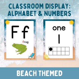 May include: Beach-themed classroom display cards featuring the letter F and the number one. The letter F card has a picture of a frog and the word "frog" written below. The number one card has the word "one" written above a number line with one black circle filled in.