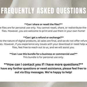 May include: A white background with black text outlining frequently asked questions about digital products. The text includes information about sharing, reselling, refunds, exchanges, commercial use, and contacting the seller.