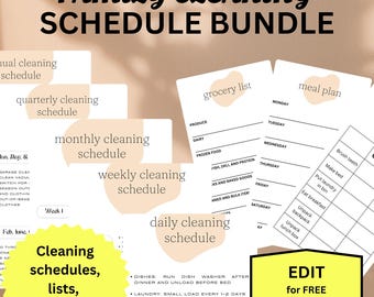 EDITABLE Cleaning Checklist Bundle, Printable Templates, Easy Schedules for Busy Families; Meal Plan, Groceries, Chore Chart, and Cleaning.
