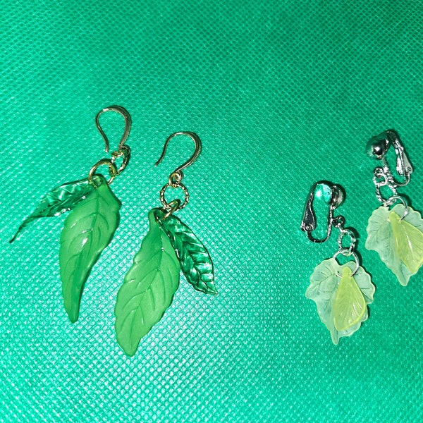 Clear green leaf dangle earrings, drop earrings, leaf cluster earrings, gifts for her, leaf jewelry