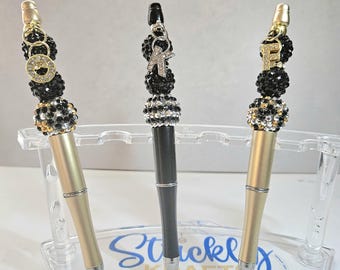 Personalized Beaded Pen: Black & Gold Bling Office Gift