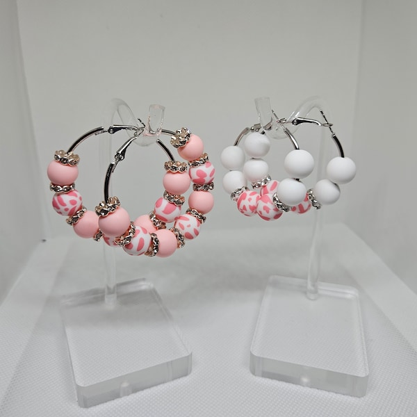Pink and white cow print hoop earrings, dangle earrings, western wear earrings, cow girl fashion, gifts for her, large hoop earrings