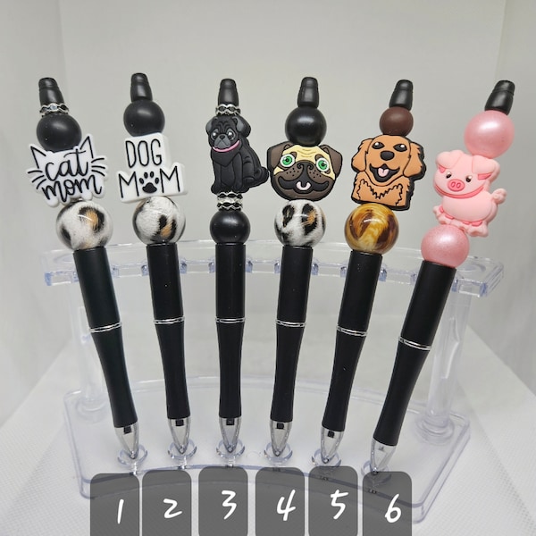 Animal custom made beaded pens, dog, cat and pig beads, mama beads, black ink pens