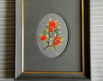 Modern Hand-painted Florals on Monochrome Background - Oranges & Orange Blossoms on Forest Green