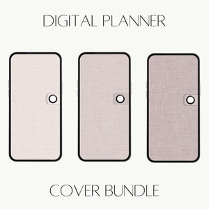 May include: Three digital planner covers with a light brown linen texture. The covers are displayed on a white background. The text "DIGITAL PLANNER" is above the covers and the text "COVER BUNDLE" is below the covers.