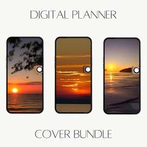 May include: Three digital planner cover designs featuring sunset scenes. The first cover shows a palm tree silhouetted against a sunset over the ocean. The second cover shows a sunset with clouds over the ocean. The third cover shows a sunset over the ocean with a small island in the distance.