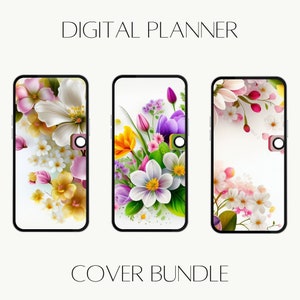 May include: Three digital planner covers with floral designs. The first features white, pink, and yellow flowers. The second displays purple tulips and white flowers. The third showcases pink and white blossoms. Text reads "DIGITAL PLANNER COVER BUNDLE."