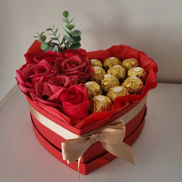 Birthday | Anniversary | Valentine's Day Heart Gift Box with Artificial Flowers and Chocolates | Ferrero Roche | Rafaello | Lindt Truffles